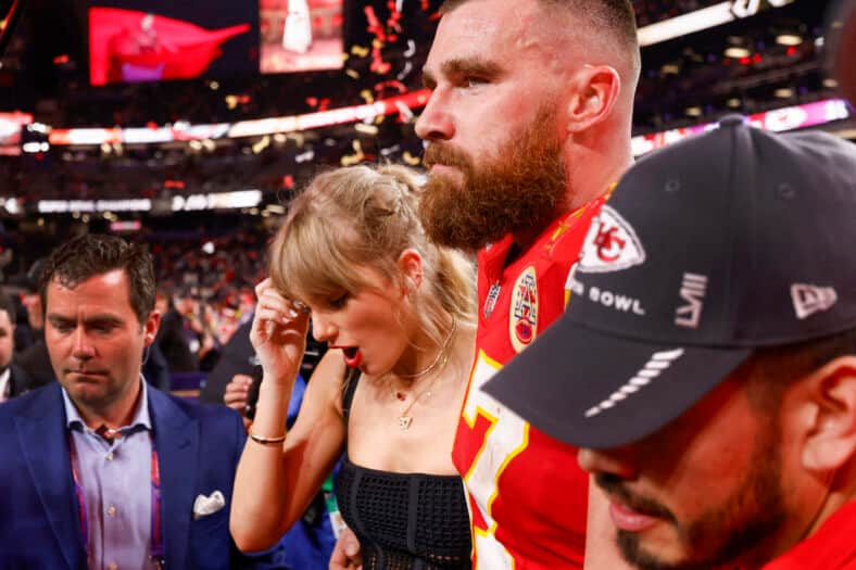 Taylor Swift introduces beau Travis Kelce after the Kansas City Chiefs win the Super Bowl by defeating the San Francisco 49ers 25-22.