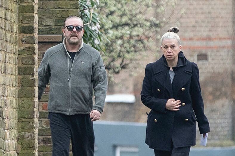 Ricky Gervais and partner Jane Fallon spotted out in North London amid coronavirus lockdown.