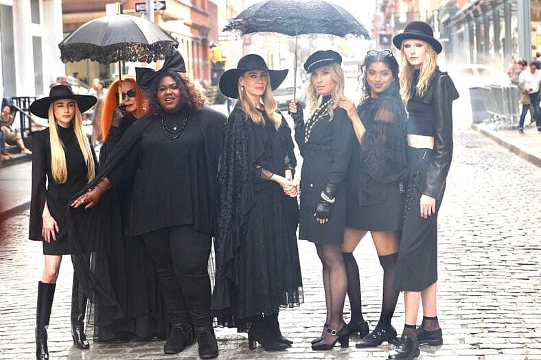 Sarah Paulson, Emma Roberts and Gabrielle Sidibe are seen on the set of American horror story Penthouse