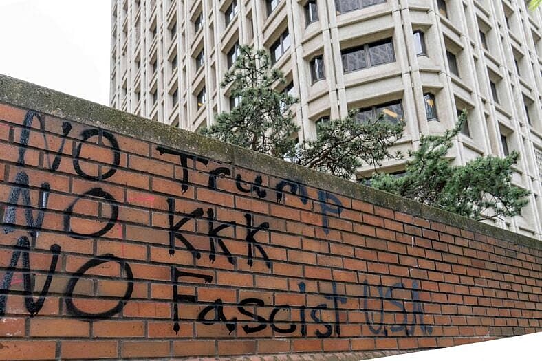 US Protests Against ICE Raids - Graffiti On Federal Building - Seattle WA