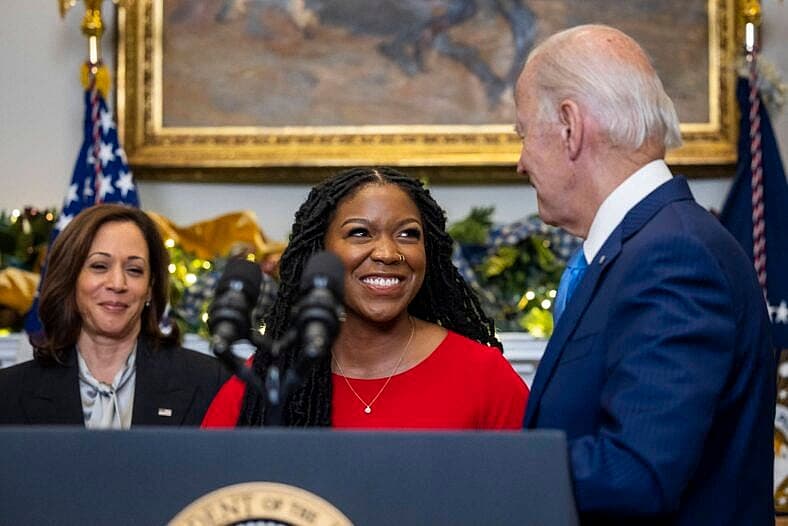 United States President Joe Biden, alongside Cherelle Griner, prepares to announce a prisoner exchange with Russia from the Roosevelt Room of the White House in Washington, DC, USA, 08 December 2022.