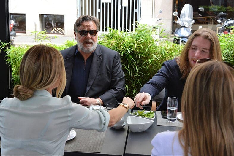 Russell Crowe spotted enjoying lunch at Armani Nobu restaurant in Milan with fiancée Britney Theriot and son Charles