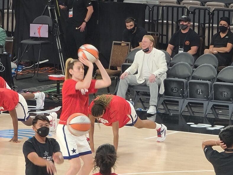Raiders owner Mark Davis checks out thr ladies from Team USA in his ultra front row vip courtside seat at WNBA All Star Game in Las Vegas