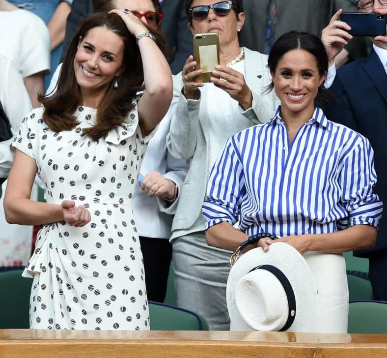 The Duchess of Cambridge and The Duchess of Sussex watch the Womens final at the Wimbledon Championships, Wimbledon, London, UK, on the 14th July 2018. 14 Jul 2018 Pictured: The Duchess of Cambridge and The Duchess of Sussex watch the Womens final at the Wimbledon Championships, Wimbledon, London, UK, on the 14th July 2018. Photo credit: James Whatling / MEGA TheMegaAgency.com +1 888 505 6342 (Mega Agency TagID: MEGA252419_001.jpg) [Photo via Mega Agency]