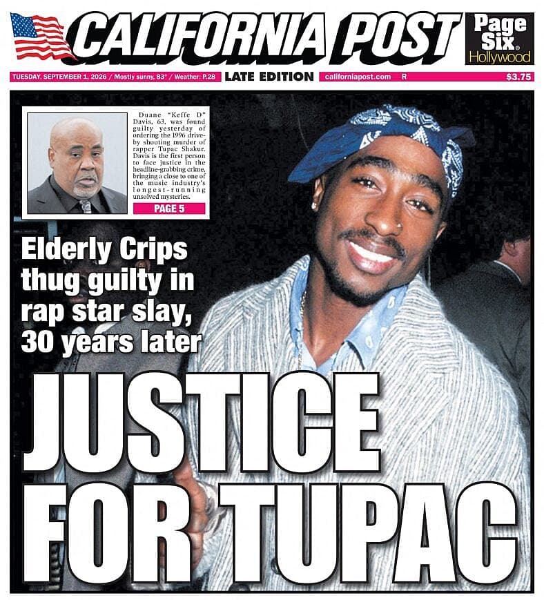 California Post cover for September 1st 2026 - JUSTICE FOR TUPAC
