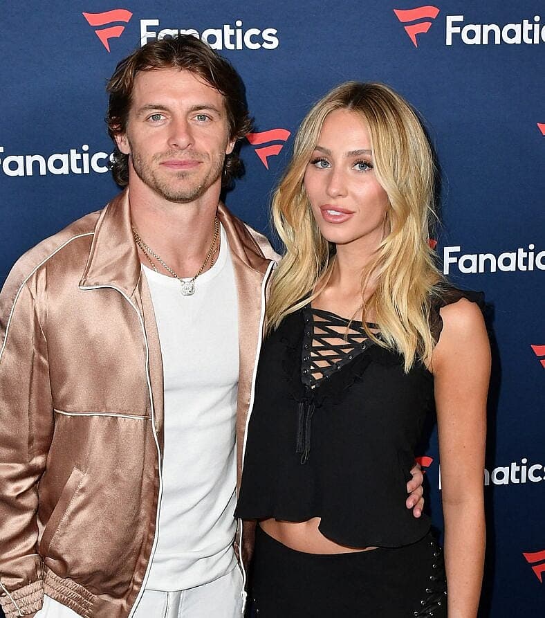 Braxton Berrios and Alix Earle attend Michael Rubin's Fanatics Super Bowl Party