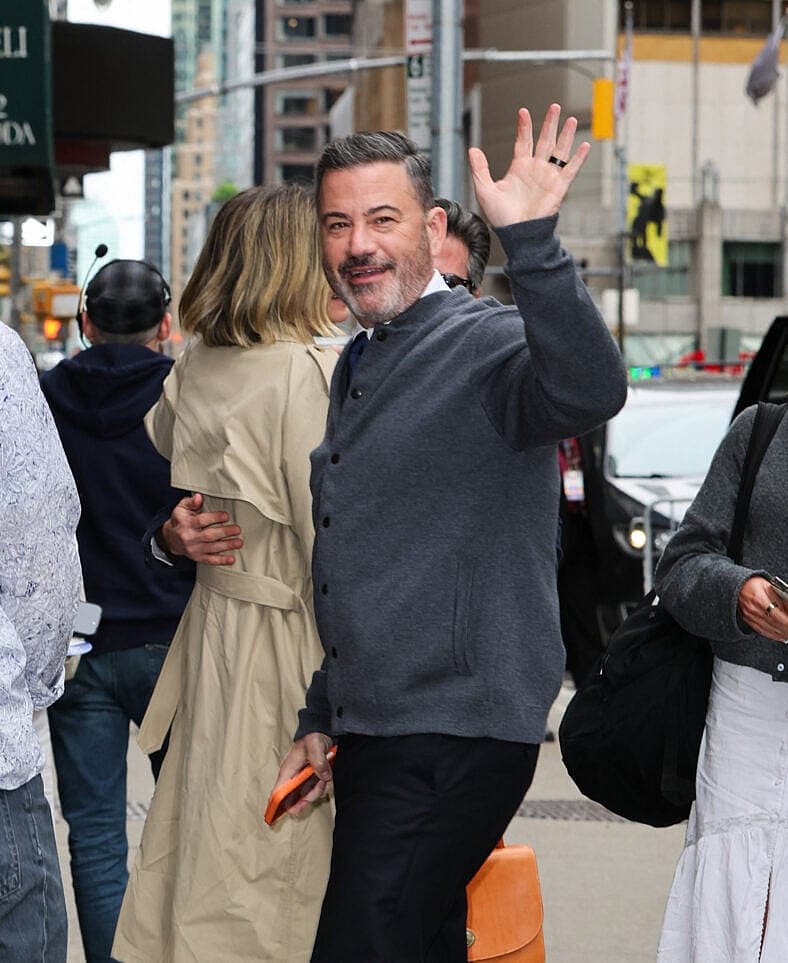 Jimmy Kimmel is all smiles arriving to the Late Show with Stephen Colbert this afternoon in New York City
