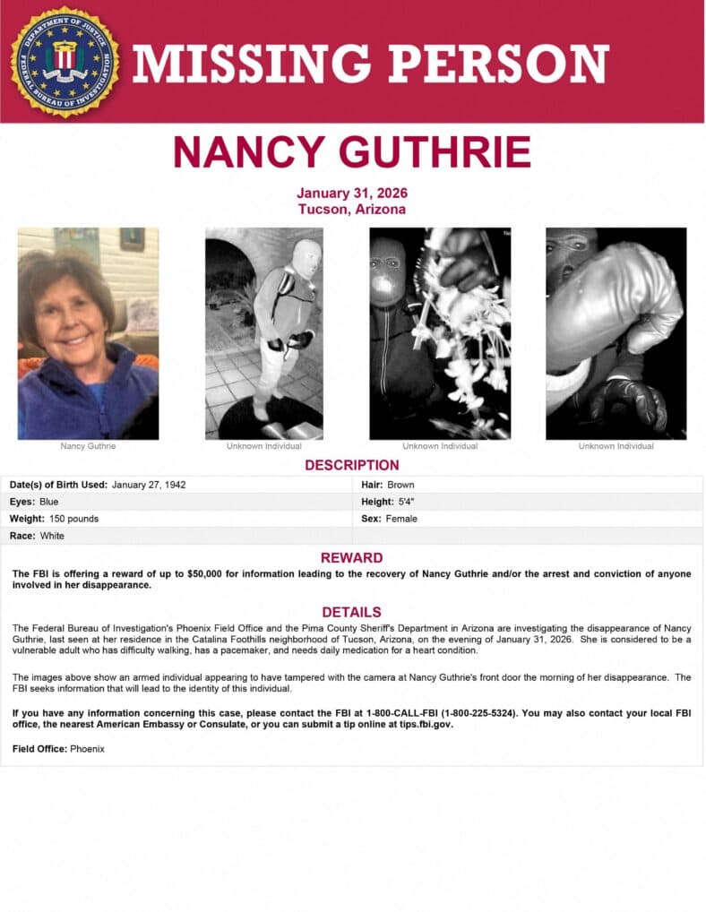 A Missing Person's notice for Nancy Guthrie