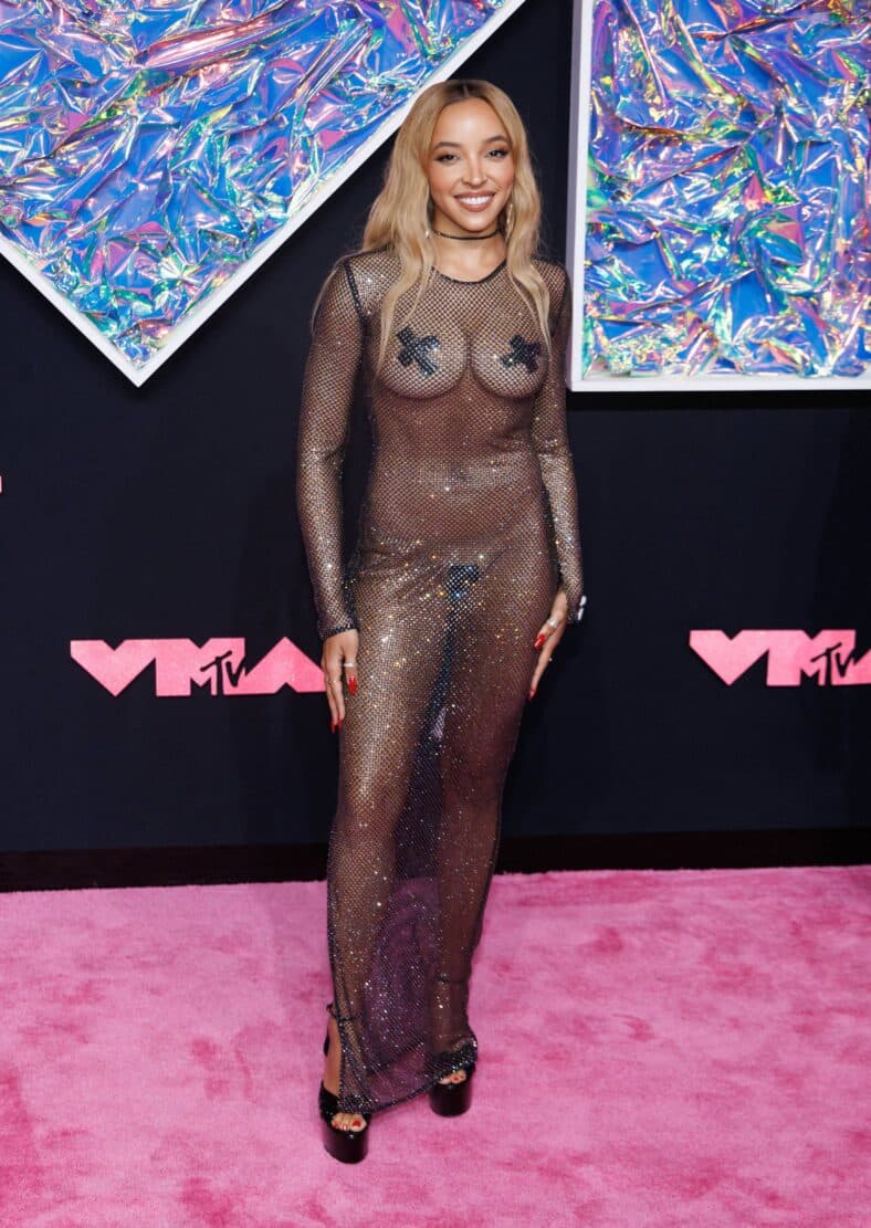 Tinashe em um vestido transparente