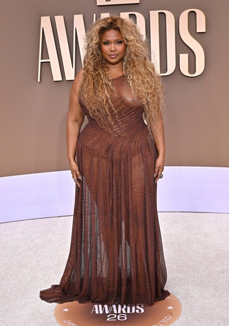 Lizzo in a sheer brown gown