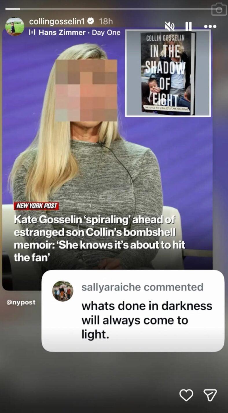 Collin Gosselin's Instagram Stories about Kate