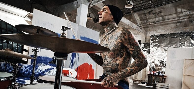 Travis Barker playing the drums