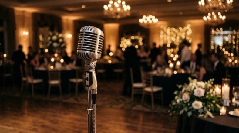 Elegant vintage microphone stands ready for a night of performance and celebration.