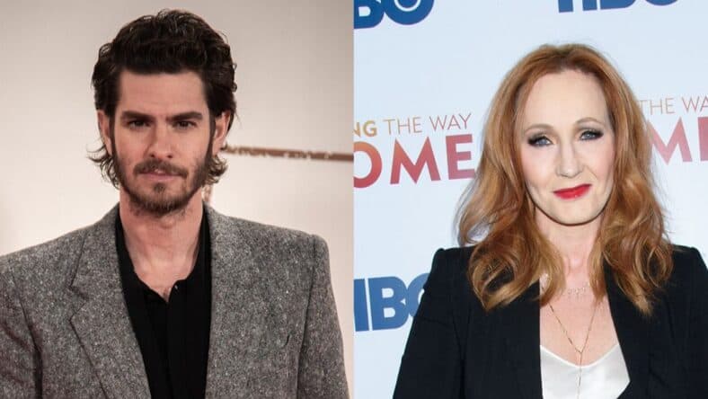 A photo collage og Andrew Garfield and J.K. Rowling-