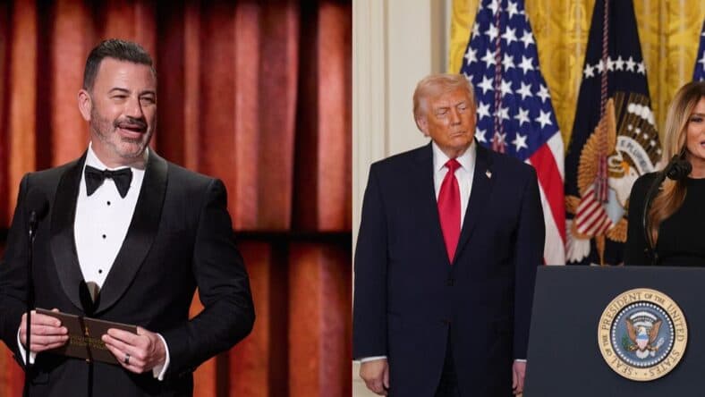 A photo collage of Jimmy Kimmel, Donald and Melania Trump