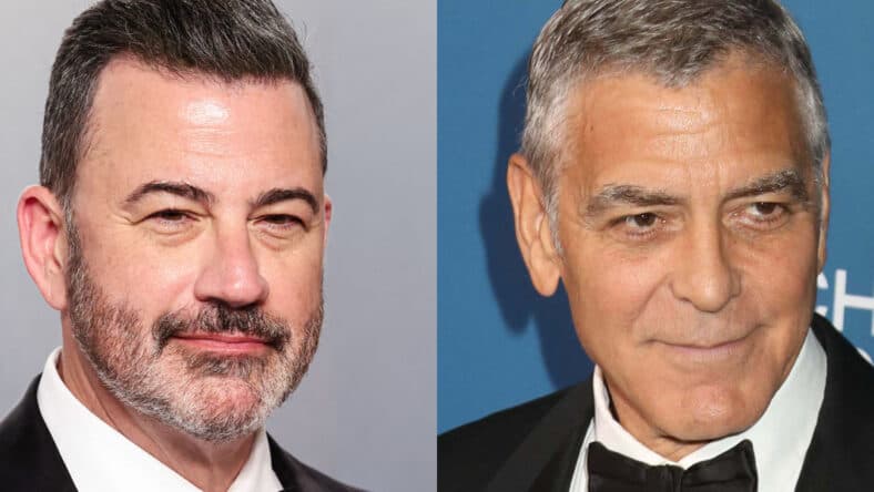A photo collage of Jimmy Kimmel and George Clooney