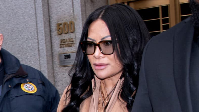 Jen Shah in brown coat and sunglasses.