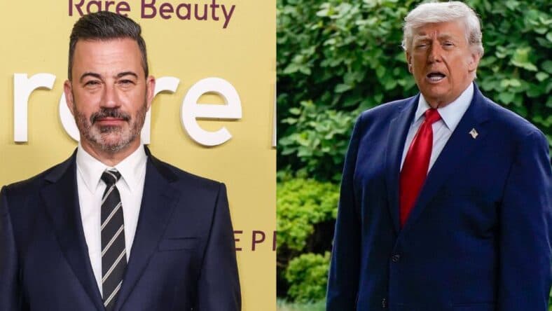 A side-by-side collage of Jimmy Kimmel and Donald Trump