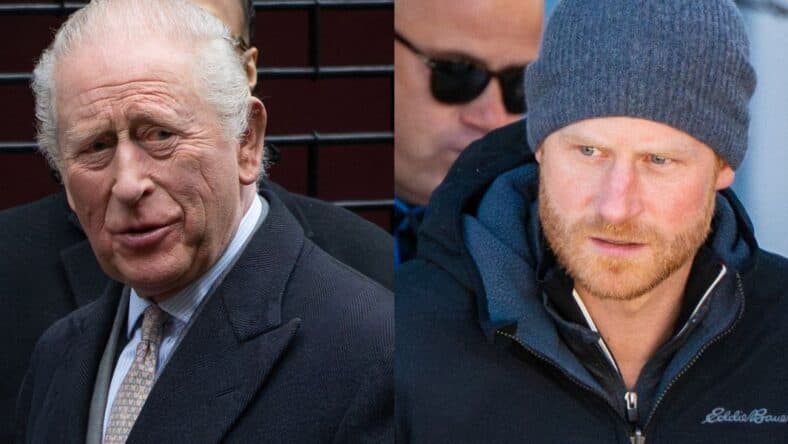 A side-by-side collage of King Charles and Prince Harry