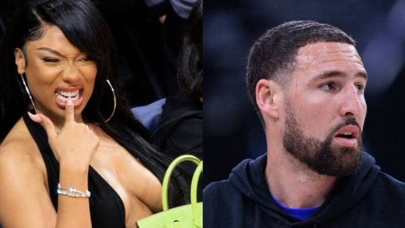 Photo collage of Megan Thee Stallion and Klay Thompson.