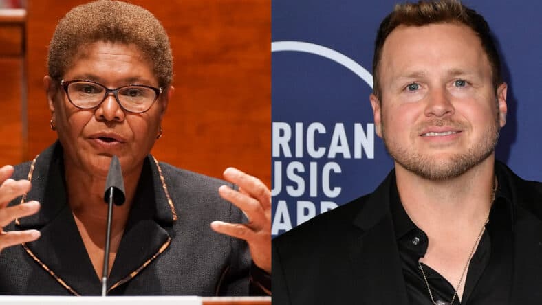 A photo collage of Karen Bass and Spencer Pratt