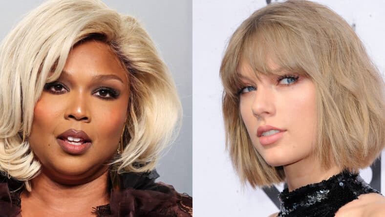 A photo collage of Lizzo and Taylor Swift