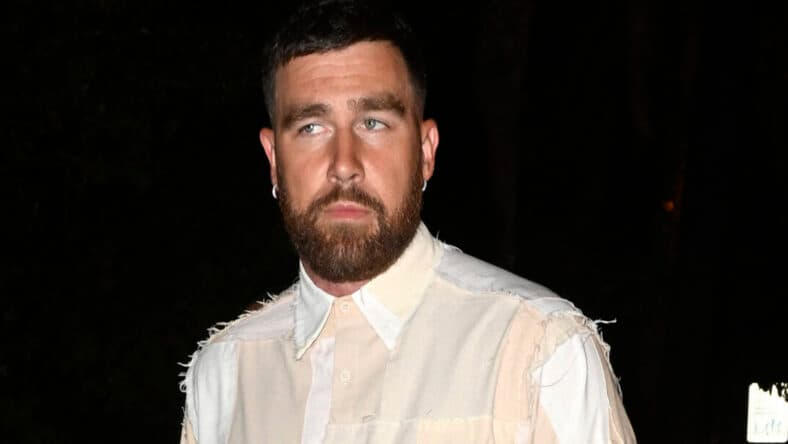 Travis Kelce is seen leaving Carbone beach tent wearing a bizarre patch outfit after attending Miami F1 Grand Prix without Taylor Swift