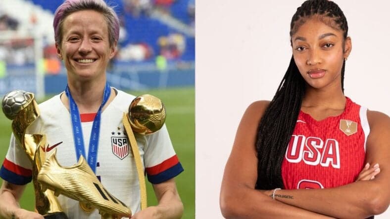 Photo collage of Angel Reese and Megan Rapinoe.