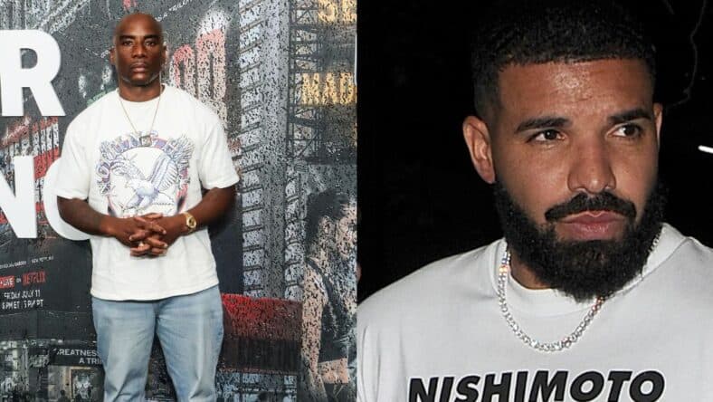 Photo collage of Drake and Charlamagne.