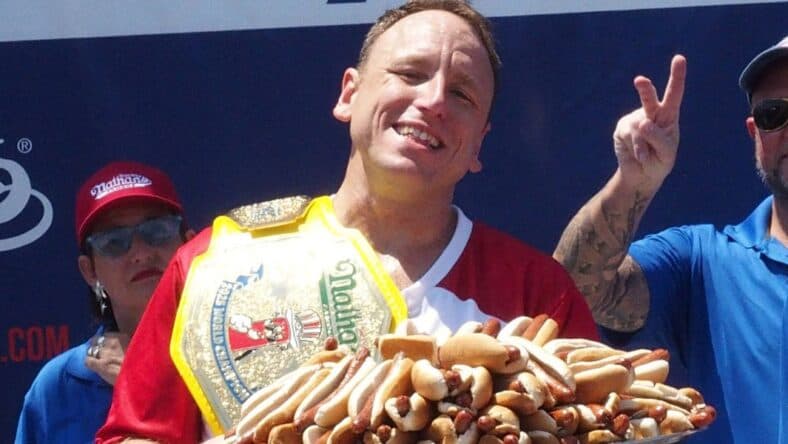 Joey Chestnut at Nathan's Hot Dog Eating Contest 2025