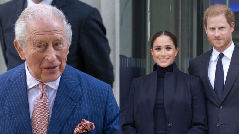 A side-by-side collage of King Charles and Prince Harry and Meghan