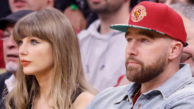 Taylor Swift and Travis Kelce attend The Knicks Game Against The Cavaliers in The Eastern Conference Finals Game 3