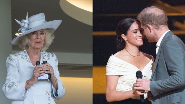 A side-by-side collage of Queen Camilla (left) and Meghan Markle and Prince Harry (right)