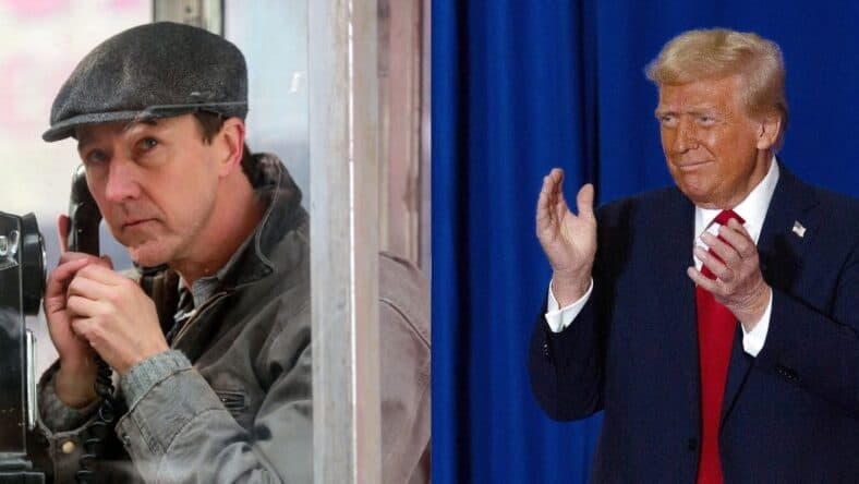 A side-by-side collage of Edward Norton and Donald Trump
