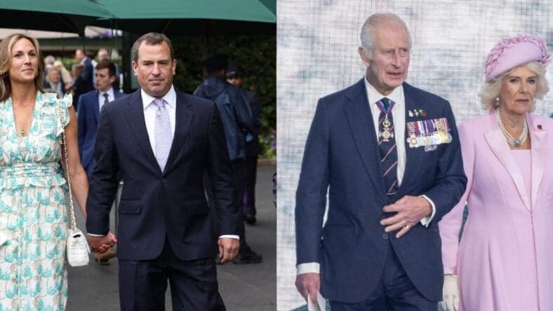 A side-by-side collage of Harriet Sperling and Peter Phillips (left), and King Charles and Queen Camilla (right)