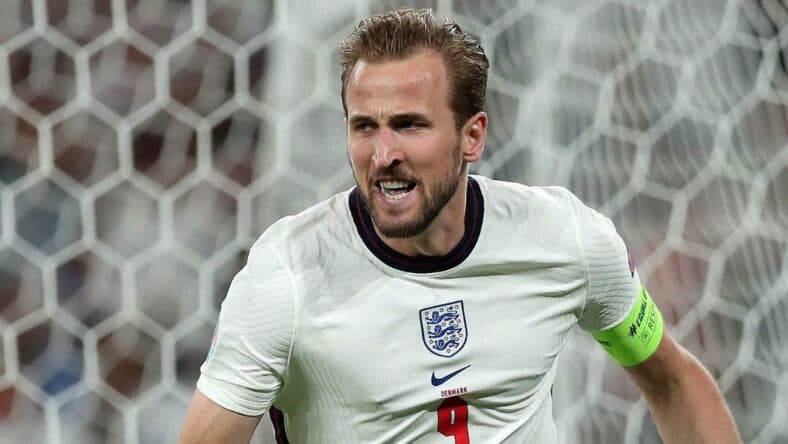 Harry Kane representing England's national team against Denmark
