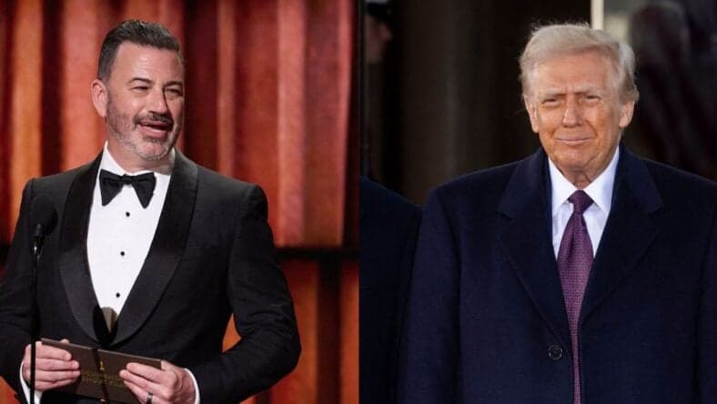 A side-by-side collage of Jimmy Kimmel and Donald Trump