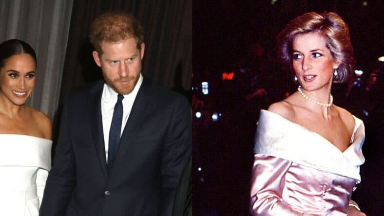 A side-by-side collage of Meghan Markle and Prince Harry (left) and Princess Diana (right)