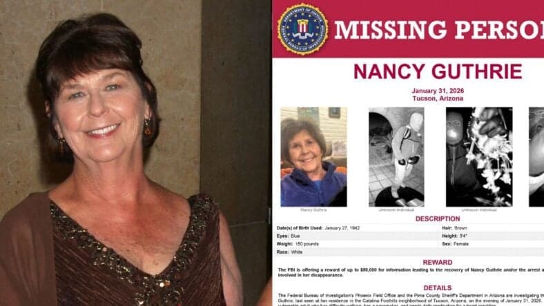 A side-by-side collage of Nancy Guthrie (left) and an FBI Missing Person's notice (right)