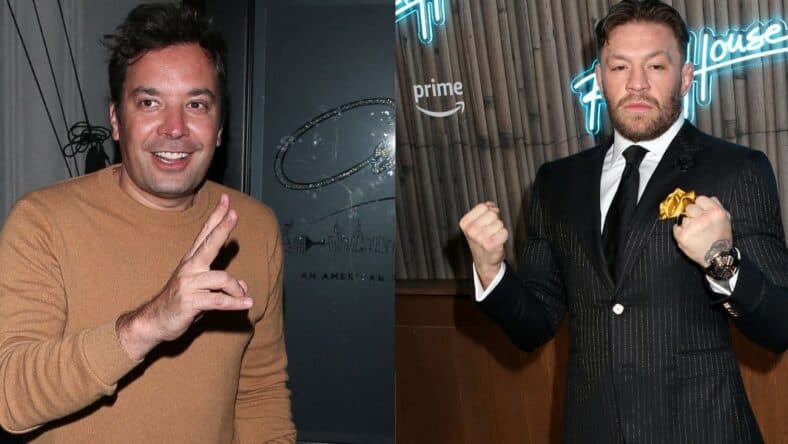 A side-by-side collage of Jimmy Fallon and Conor McGregor