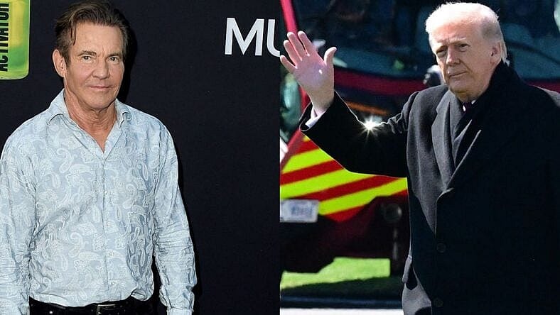 A photo collage of Dennis Quaid and Donald Trump-