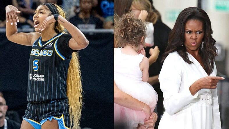Photo collage of Angel Reese, Michelle Obama.