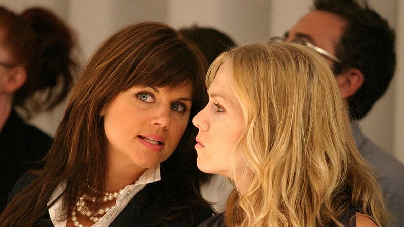 Tiffani Thiessen and Jennie Garth at the Tree Fashion Show during Mercedes-Benz Fashion Week in New York City.