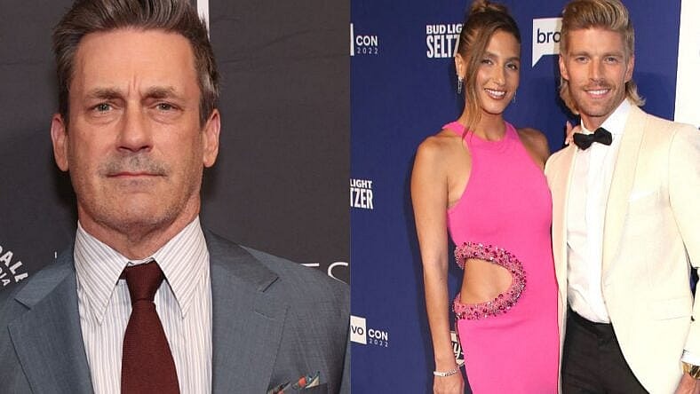 Photo collage of Jon Hamm, Amanda Batula.