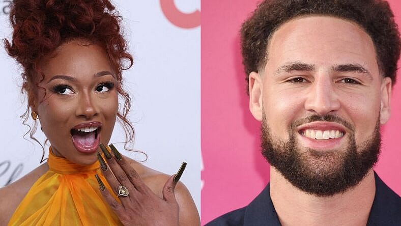 Photo collage of Megan Thee Stallion and Klay Thompson.