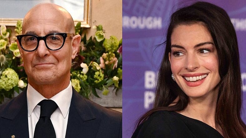 Side-by-side collage of Stanley Tucci and Anne Hathaway