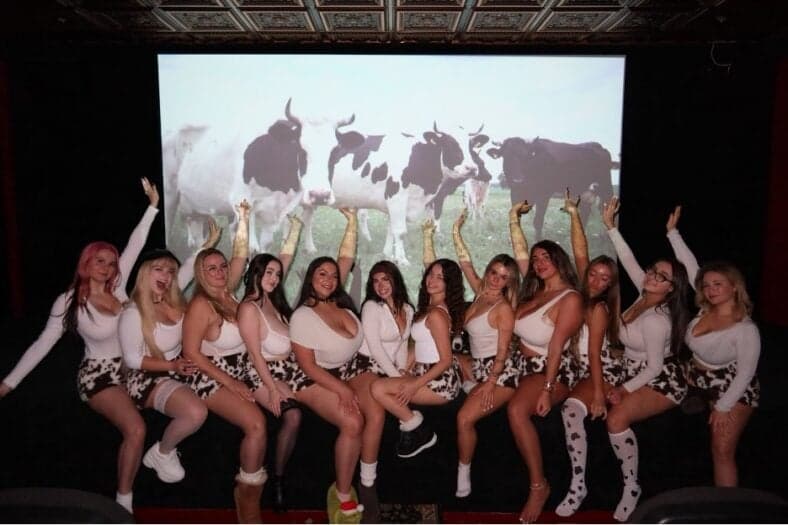 Group of women dressed in cow print outfits posing for the camera.