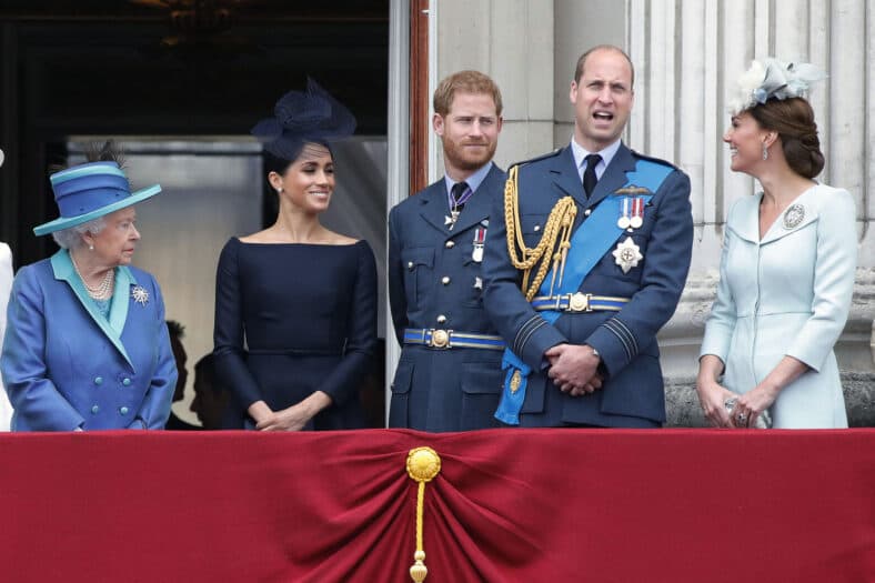 Queen Elizabeth with Prince William and Kate Middleton and Prince Harry and Meghan Markle