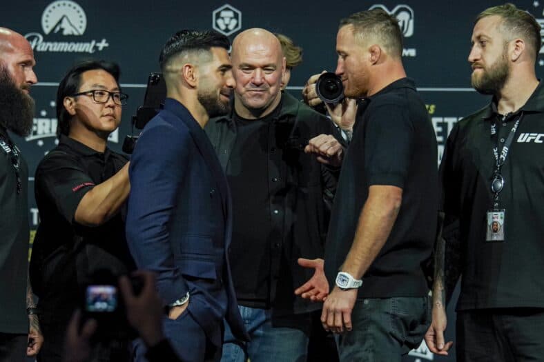 Ilia Topuria and Justin Gaethje face off at the at the UFC Freedom 250 Press Conference