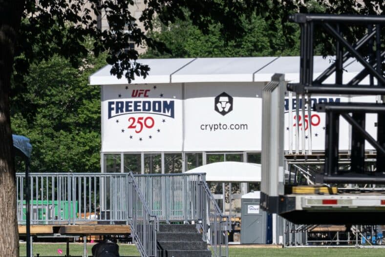 Empreiteiros trabalham na construção e nos preparativos do Gramado Sul da Casa Branca antes do evento programado do UFC Freedom 250.